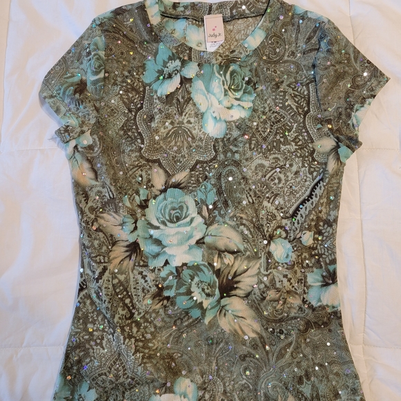 Judy Jr. Women's size small short sleeve see-through floral shirt with sparkles - Picture 9 of 12